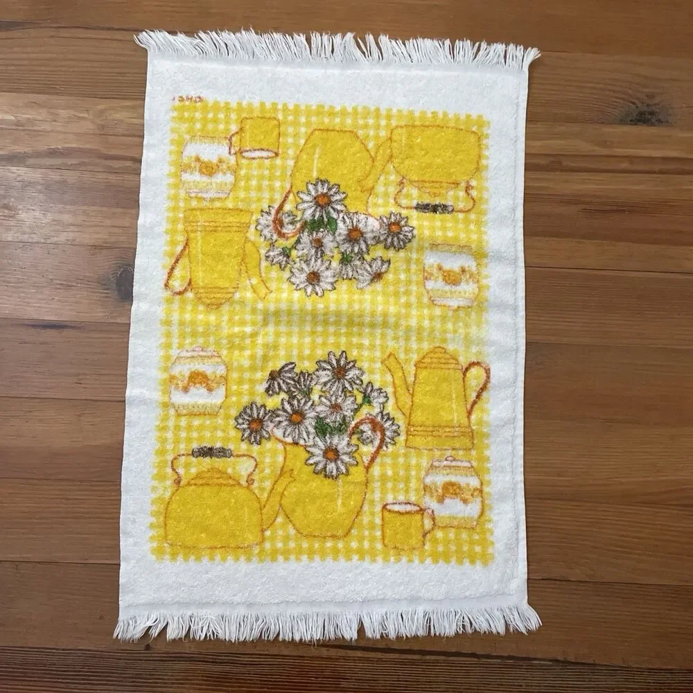 Vintage Yellow Daisy & Teapot Kitchen Bar Golf Dish Towel 16x24 in